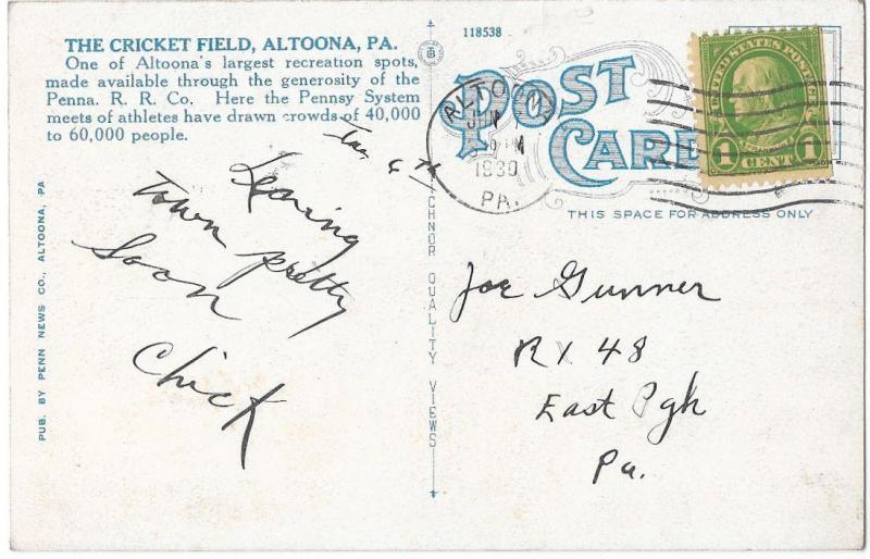 Cricket Field Altoona Pennsylvania Vintage 1930 Postcard Topics