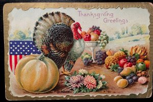 Vintage Victorian Postcard 1910 Patriotic Thanksgiving - Turkey, Pumpkins & Flag