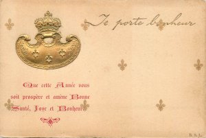 Art nouveau New Year greetings postcard 1900s embossed crown heraldry
