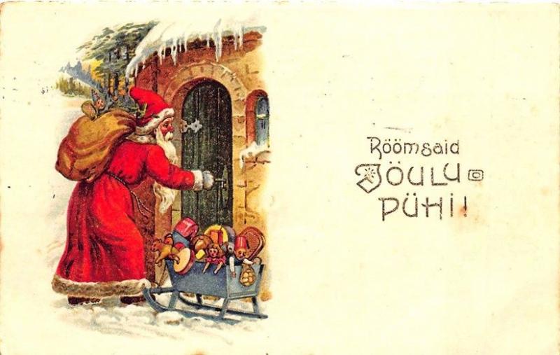 Christmas Santa Claus Toy Sled Estonia Postcard #6163
