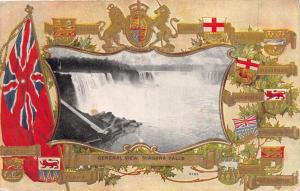 NIAGARA FALLS CANADA GENERAL VIEW HORSESHOE FALLS~GILT FLAG CRESTS POSTCARD 1909