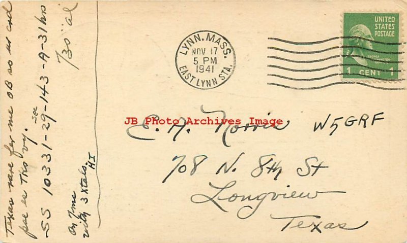 QSL Postcard, Lynn Massachusetts, W1NKW, Harold W. Ryall, 1941 PM