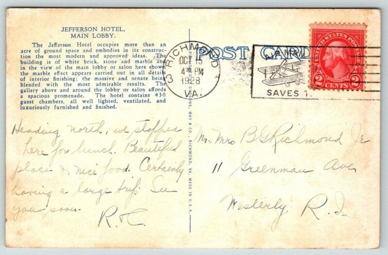 Jefferson Hotel  Richmond Virginia  Postcard  1928