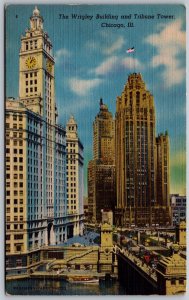 Vtg Chicago Illinois IL Wrigley Building Tribune Tower 1940s Linen View Postcard