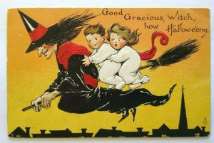 Vintage Halloween Postcard Large Witch & Children Riding Broom Tuck Series 188  
