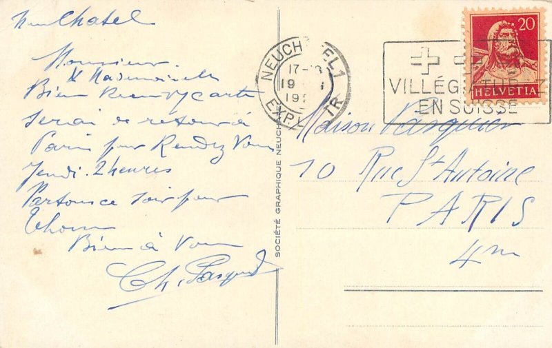 Switzerland navigation & sailing topic postcard Neuchatel lake mountain boats