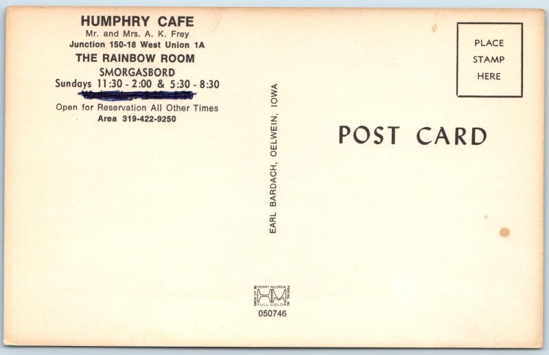 c1960s West Union, IA Humphry Café Rainbow Room Smorgasbord Bardach Oelwein A198