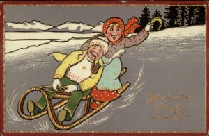 German New Year Happy Couple Sledding c1910 Postcard