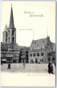 GRUSS AUS HALBERSTADT,  Germany    HOLZMARKT, RATHAUS  ca 1900s  UDB  Postcard