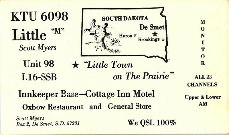 QSL Radio Card From De Smet S. D. South Dakota KTU 6098 