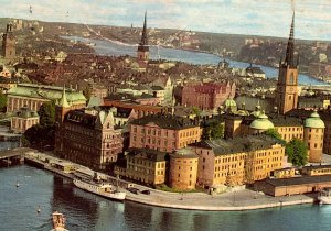 VINTAGE CONTINENTAL SIZE POSTCARD AERIAL VIEW RIDDARHOLMEN STOCKHOLM SWEDEN 1957