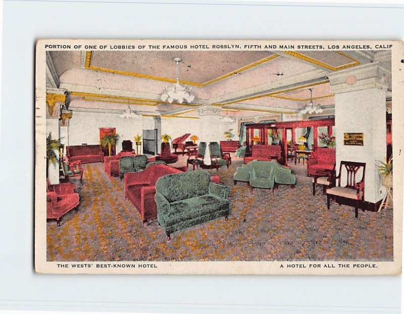 Postcard Portion Of One Of Lobbies Of The Famous Hotel Rosslyn, Los Angeles, CA