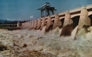 Vintage Postcard 1930's Turbulent Water Bonneville Dam Columbia River Washington