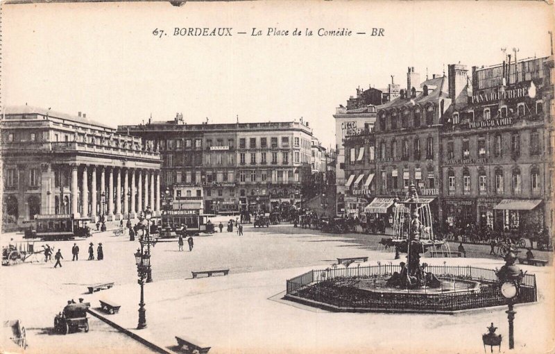France Bordeaux Place de la Comedie Fountain Shops  vintage postcard