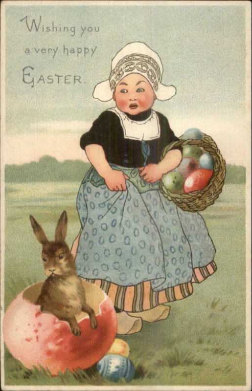 Easter - Dutch Girl Rabbit Red Egg Shell c1910 Card/Postcard Blank Back