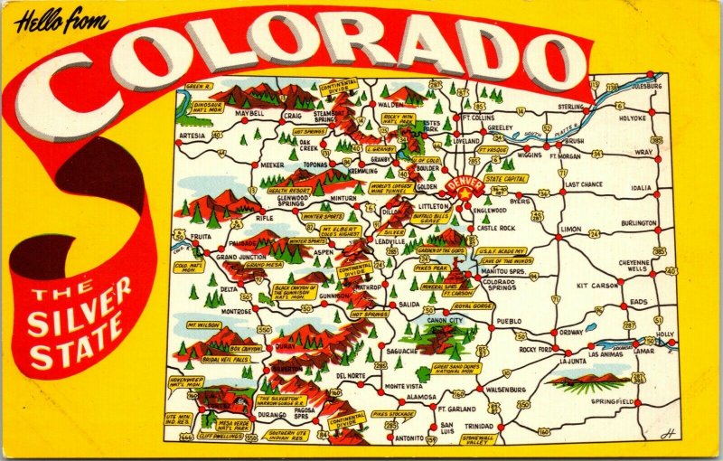 HELLO FROM Colorado - SILVER STATE - Postcard Map Scenes - VINTAGE - PC - COLOR 