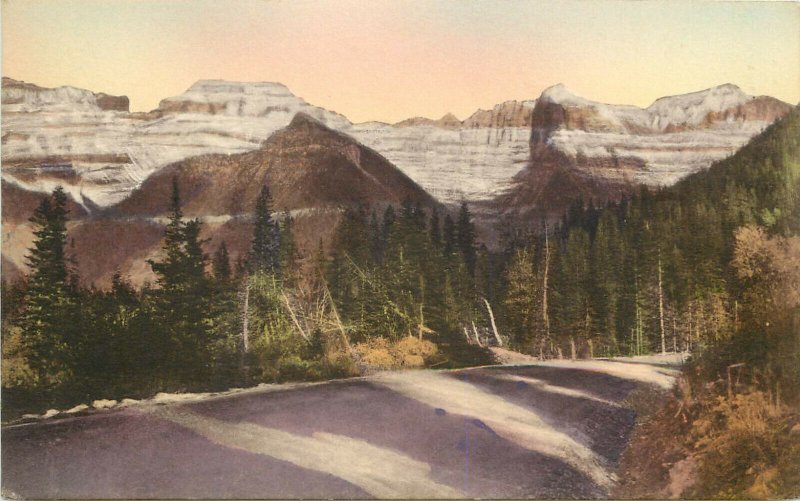 Hand Colored Postcard Glacier National Park Garden Wall From Going to the Sun