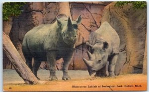 Postcard - Rhinoceros Exhibit at Zoological Park - Detroit, Michigan