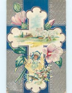 Divided-Back CUTE GIRL IN BONNET WITH BIRD AND FLOWERS AND JESUS CROSS o7564