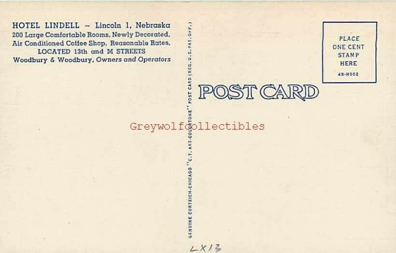 NE, Lincoln, Nebraska, Hotel Lindell, Curteich No. 4B-H502