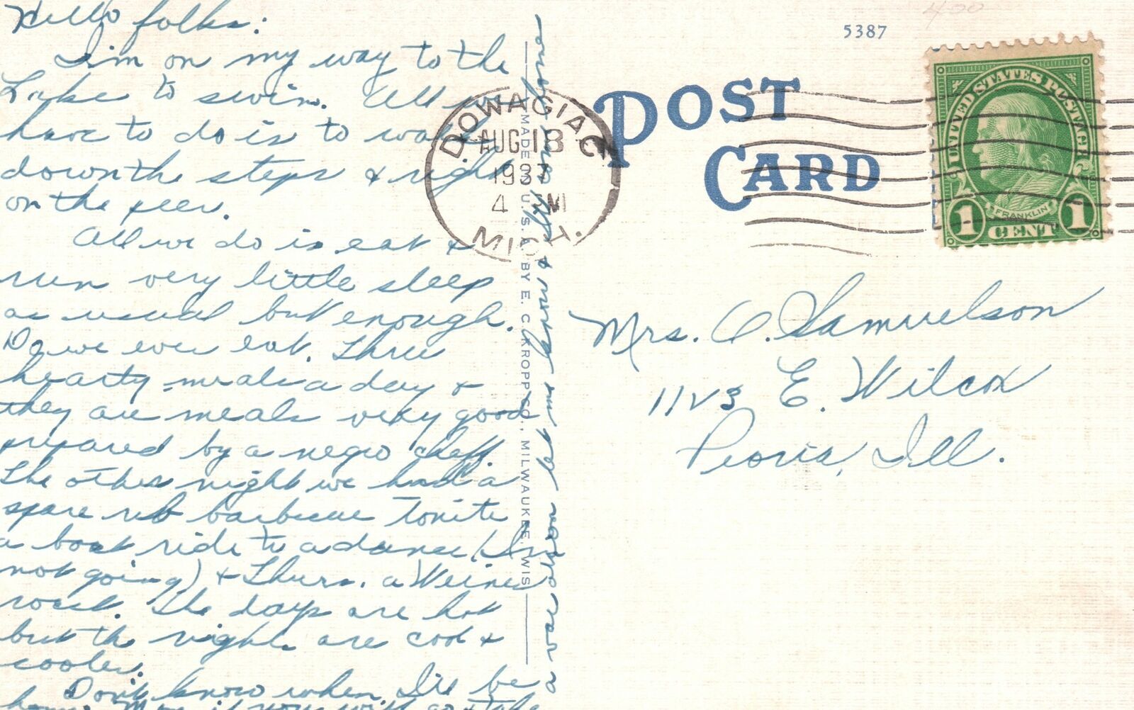 Vintage Postcard 1937 Hotel Never Mind on Indian Lake Dowagiac Michigan