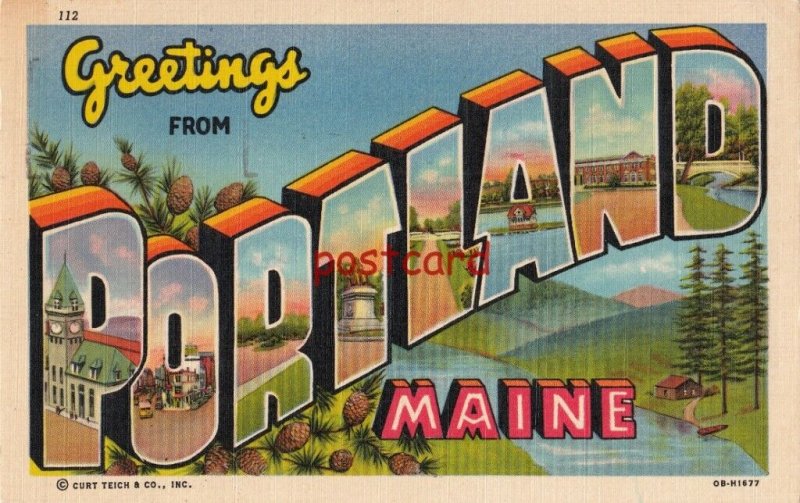 1953 Greetings from PORTLAND Maine, large letter, postmarked 