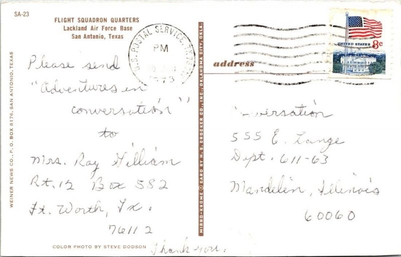 San Antonio, TX Texas FLIGHT SQUADRON QUARTERS Lackland Air Force Base Postcard