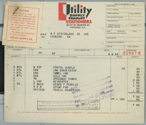 1943 Utility Supply Company Stationers Chicago Ill Invoice w/Attached Notice 174