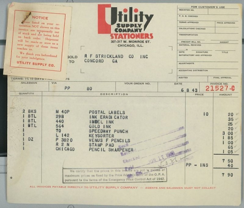 1943 Utility Supply Company Stationers Chicago Ill Invoice w/Attached Notice 174