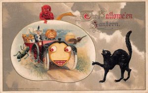 HALLOWEEN LANTERN RED DEVIL CAT WITCH CAR SCHMUCKER WINSCH HOLIDAY POSTCARD 1914