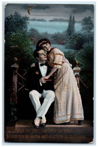 c1910's Sweet Couple Romance Gel Gold Gilt Embossed France Antique Postcard