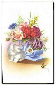 Old Postcard Fantasy Flowers Butterfly Cat Kitten