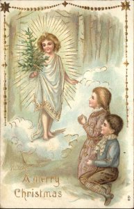 Christmas Children Kneel Before Pretty Little Girl Angel c1910 Vintage Postcard