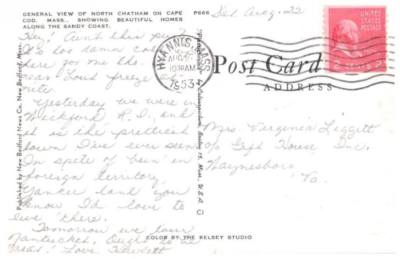 North Chatham on Cape Cod Massachusetts Postcard Posted 1953