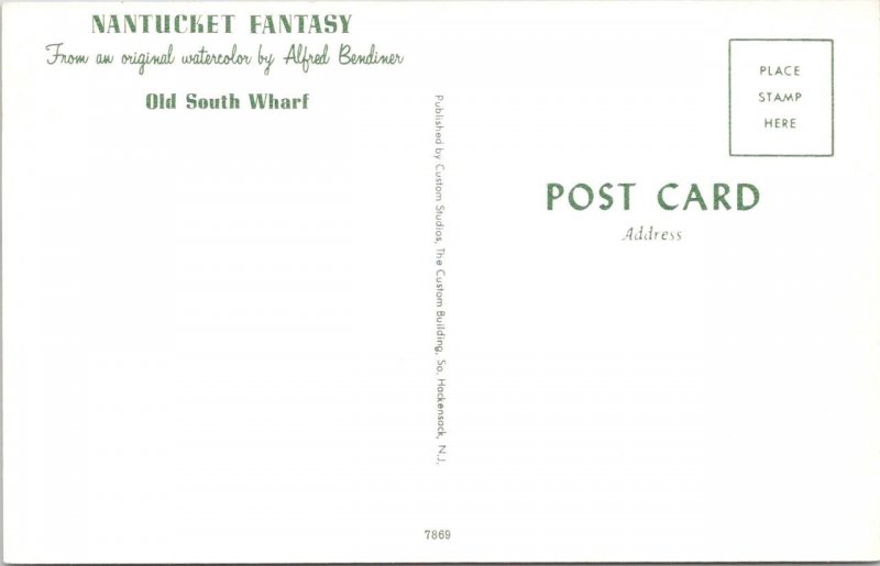 2~Postcards MA, Nantucket  PACIFIC CLUB & OLD SOUTH WHARF Artist Alfred Bendiner