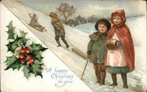 Christmas Children Playing Sledding c1900s-10s Postcard