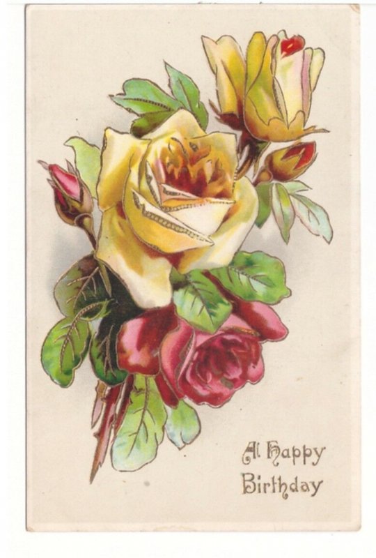 A Happy Birthday - Cut Roses - Vintage Embossed Gelatin Postcard #2