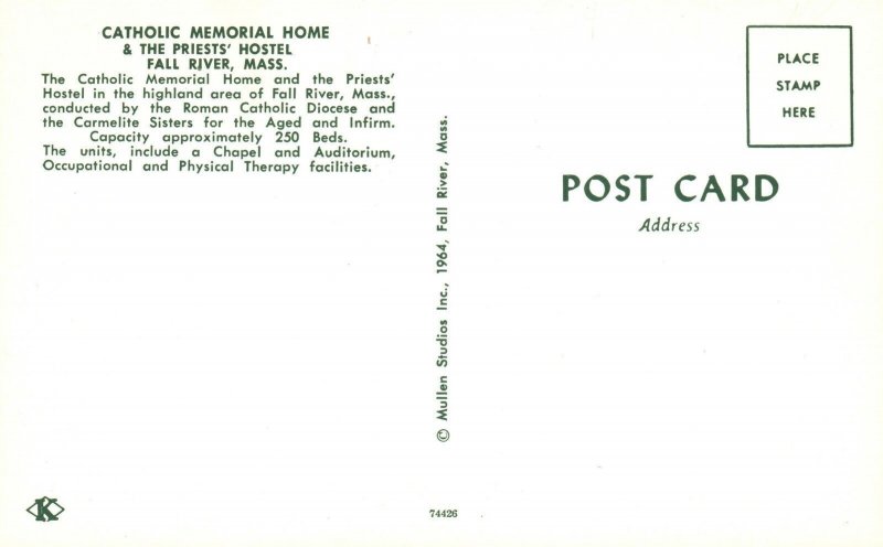 Vintage Postcard Catholic Memorial Home Priests' Hostel Fall River Massachusetts 