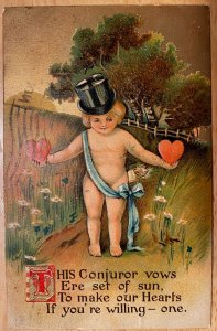 Vintage Victorian Postcard 1911 Make Our Hearts One - Cupid with Top Hat