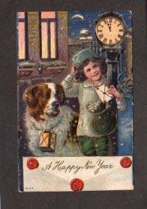 A Happy New Year Greetings Postcard Boy Dog Clock Letter