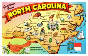 Postcard ND Map - North Carolina pictoral map card with state flower bird flag