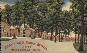 New Buffalo Michigan MI Judys Log Cabin Motel c1940s-50s Linen Postcard