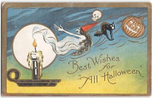 Jack O Lantern ALL HALLOWEEN Witch Candle Cat Skull 1908 Rose Antique Postcard