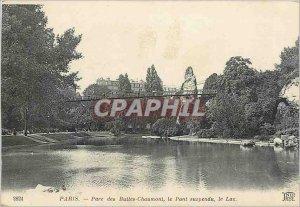 Old Postcard Paris Buttes Chaumont park the Suspension Bridge Lake