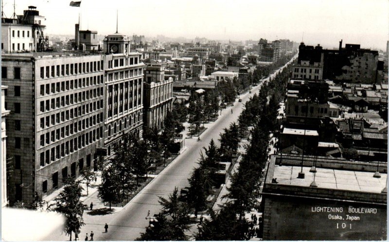 RPPC   OSAKA, Japan  LIGHTENING Boulevard Elevated STREET VIEW  c1950s  Postcard