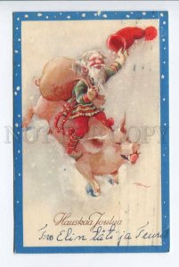 423115 CHRISTMAS Funny GNOME on huge PIG Old Finland postcard