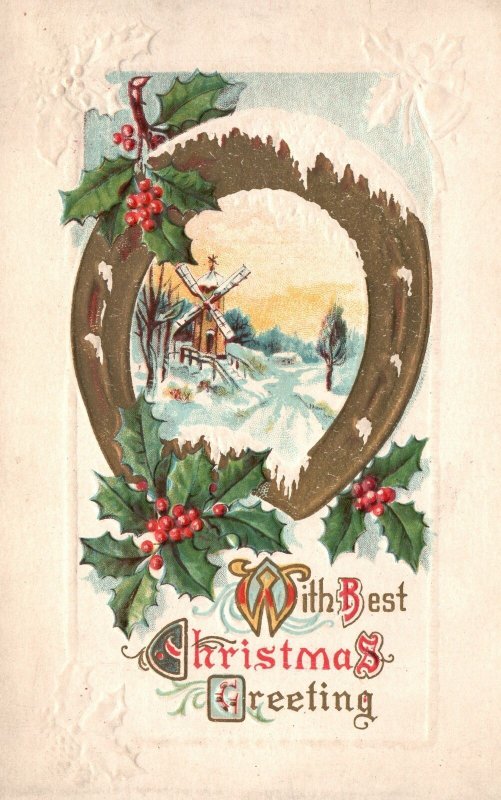 Vintage Postcard 1910's With Best Christmas Greeting Horse Shoe Snow Windmill