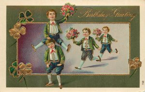 Children W/ Four Leaf Clovers In Gold Gilded Green Suits Give Birthday Greetings