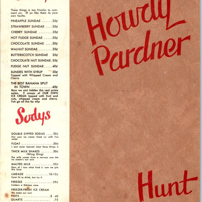 c1950s Kissimmee, FL Howdy Pardner Restaurant Menu Hunt Bros Southern Dialect 3L