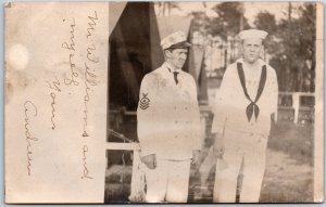 US Navy, 1908 Two Sailors In White Uniforms At Naval Camp, Real Photo, Postcard